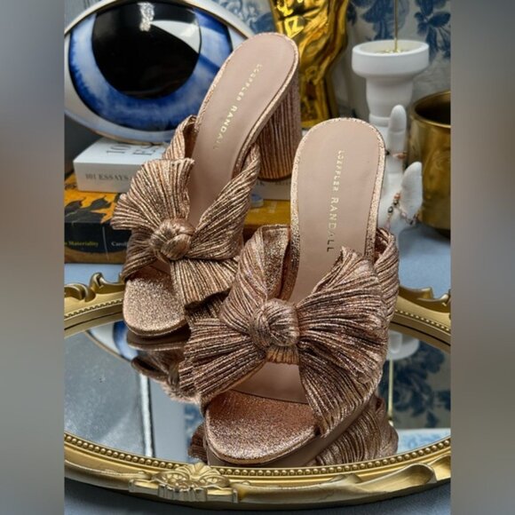 🆕 LOEFFLER RANDALL 🧿 NWOB Penny Metallic Rose Gold Pleated Bow Mule Heel, Sz 7 - Picture 7 of 14